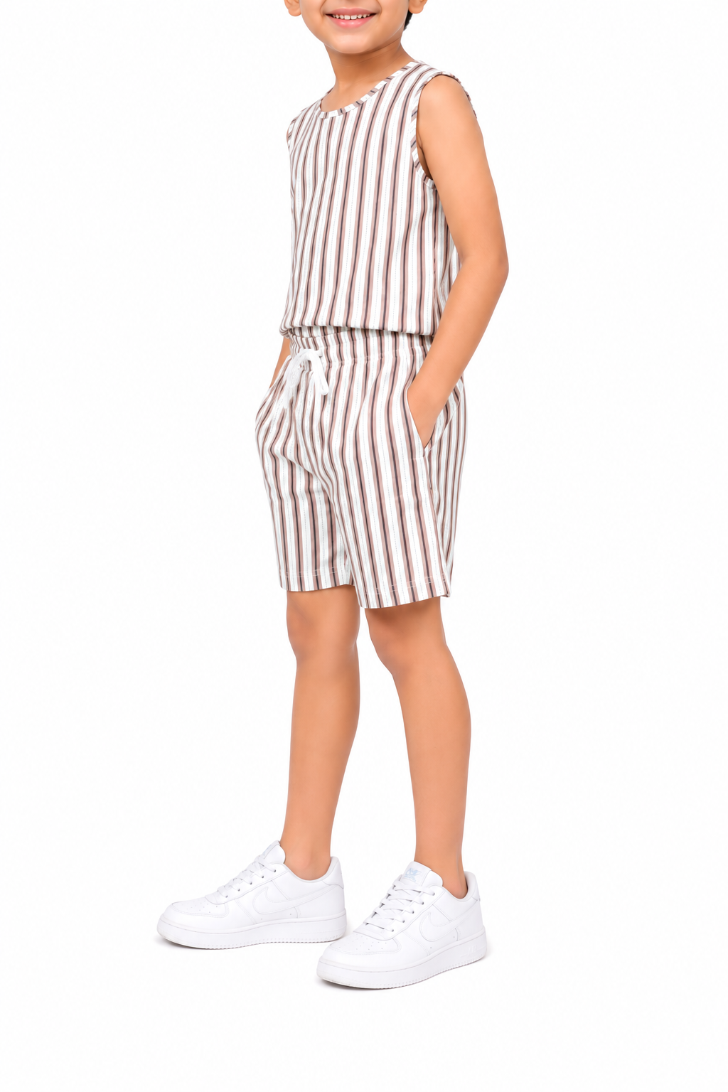 CHILINS Unisex Kids Beige Striped Sleeveless Top & Shorts Co-Ord Set