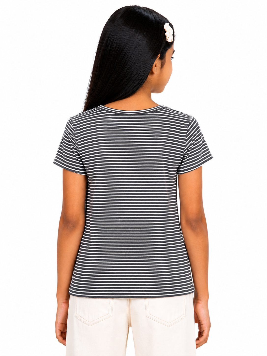 CHILINS Girls Black & White Striped V-Neck T-Shirt (Copy) (Copy)