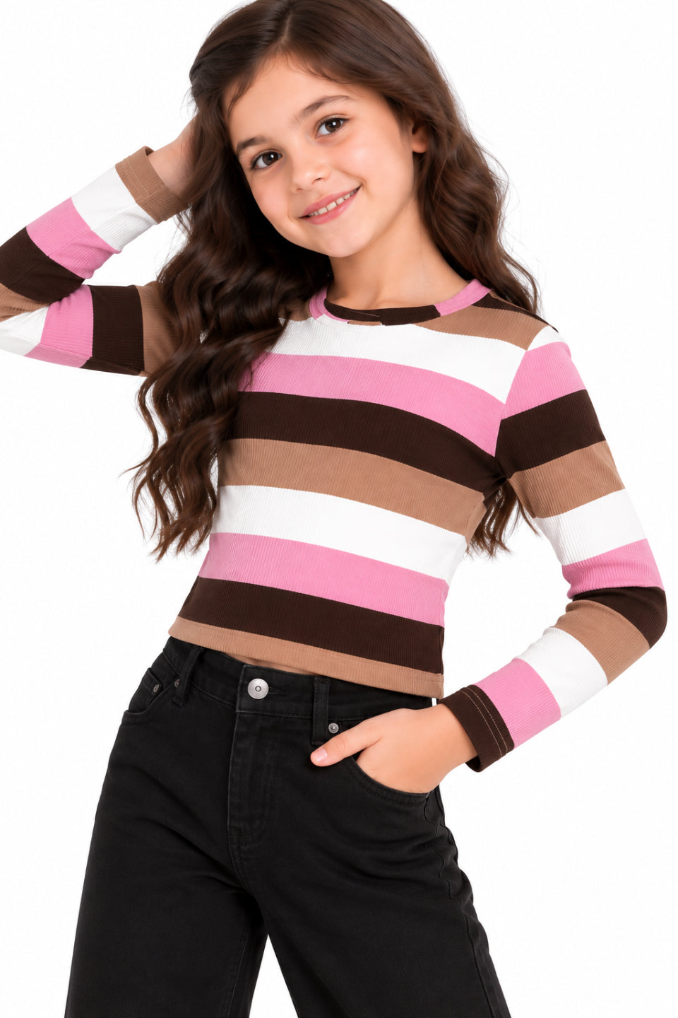 CHILINS Girls Multicolor Striped Full Sleeve Top | Round Neck Casual Top