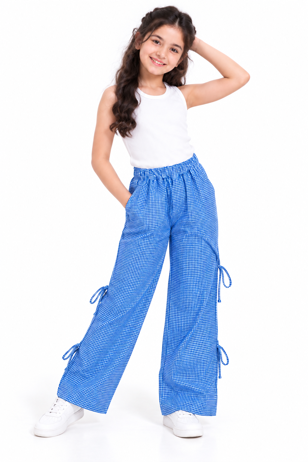 CHILINS Girls Cotton Blue & White Checkered Wide Leg Palazzo Pants with Elastic Waist & Drawstring