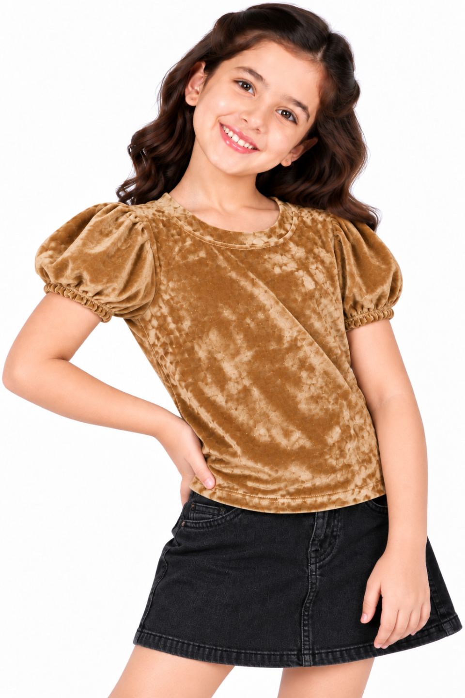 CHILINS Girls Gold Velvet Top | Puff Sleeve Casual Top