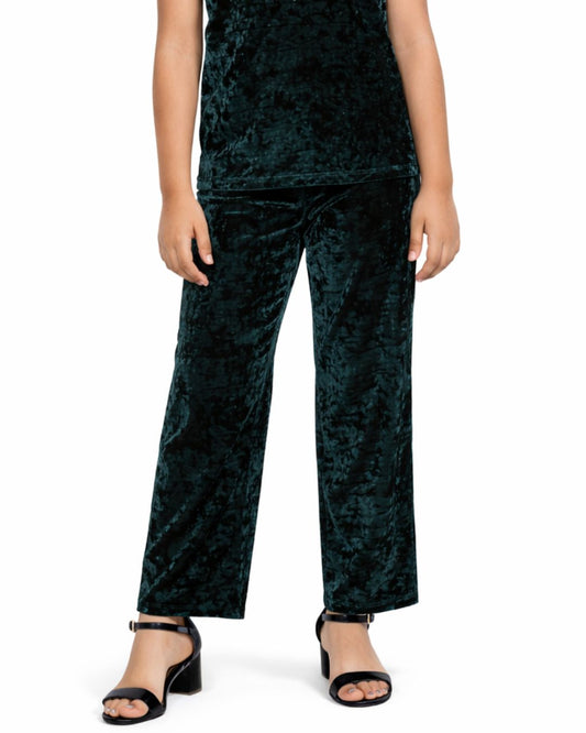 CHILINS Girls Velvet Pants | Dark Green Straight Fit Party Wear Pants