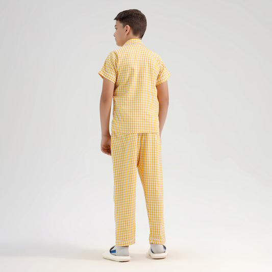 Kids Cotton Blend Night Suit| Sleepwear | Checked Design | Yellow