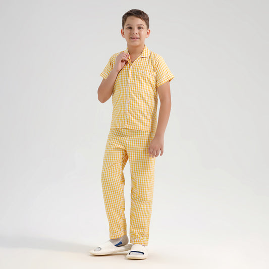 Kids Cotton Blend Night Suit| Sleepwear | Checked Design | Yellow