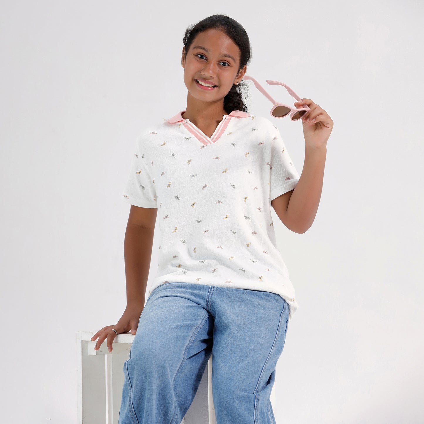 Girls Cotton Printed Collared Polo T-shirt