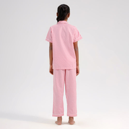 Kids Cotton Blend Night Suit| Sleepwear | Checked Design | Pink