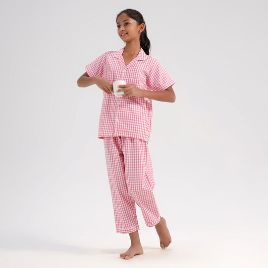 Kids Cotton Blend Night Suit| Sleepwear | Checked Design | Pink