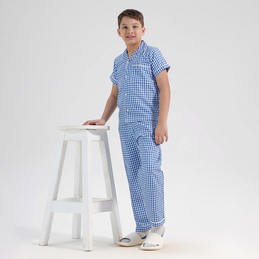 Kids Cotton Blend Night Suit| Sleepwear | Checked Design | Blue
