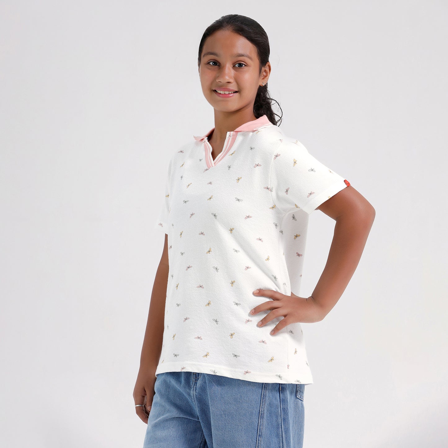 Girls Cotton Printed Collared Polo T-shirt
