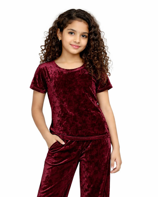 CHILINS Girls Velvet Co-Ord Set | Maroon Top & Pants Set for Kids