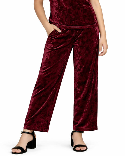 CHILINS Girls Velvet Pants | Maroon Straight Fit Party Wear Pants