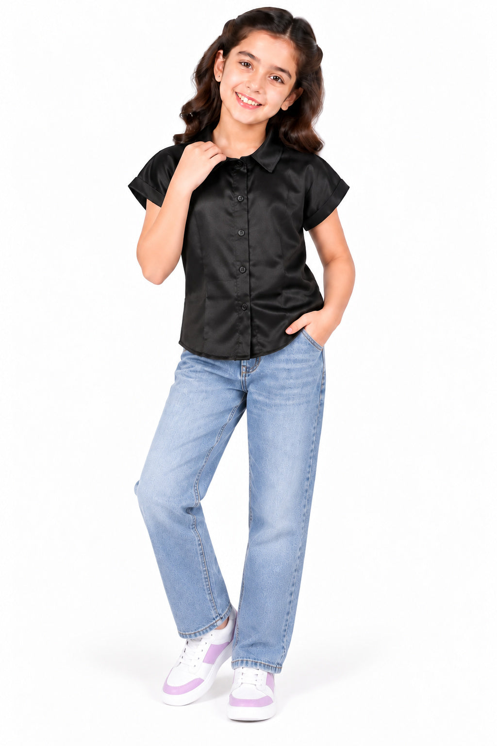 CHILINS Girls Black Satin Shirt | Short Sleeve Collared Casual Shirt