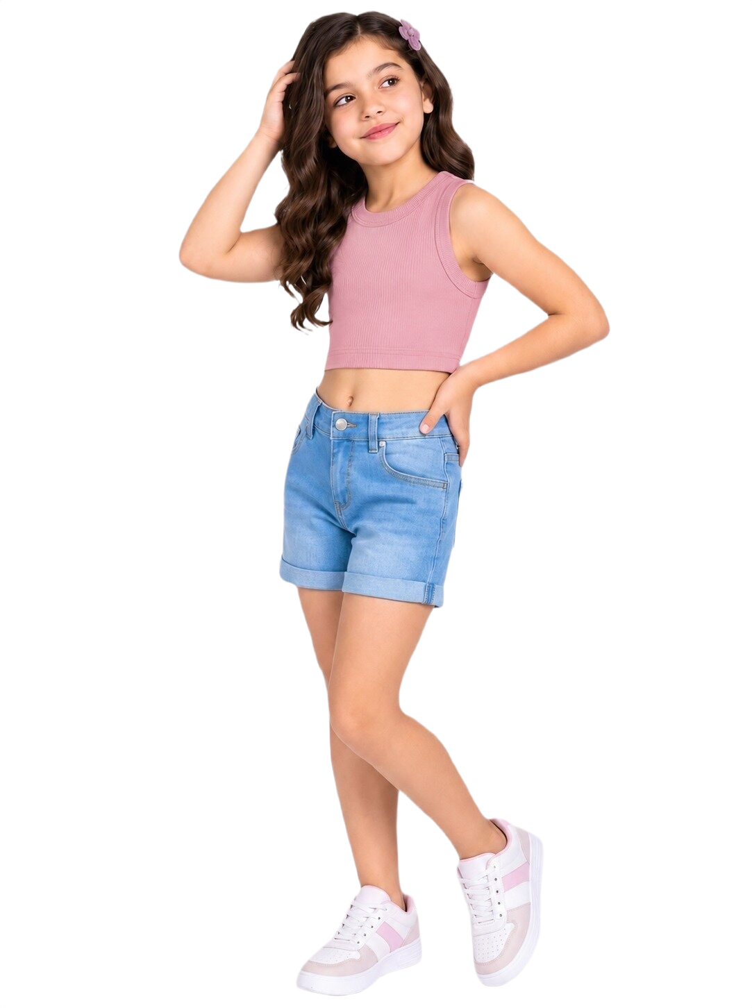 CHILINS Girls Cotton Pink Ribbed Sleeveless Crop Top