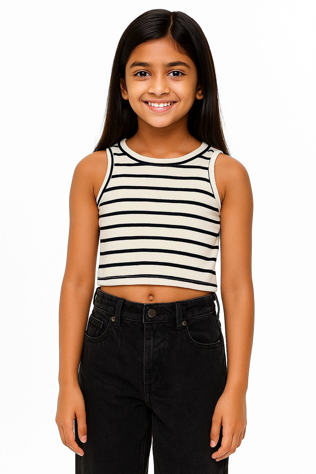 Girl's Solid Crew Neck Ribbed/Knitted Sleeveless Stretchable Slim Fit Crop Tank Top