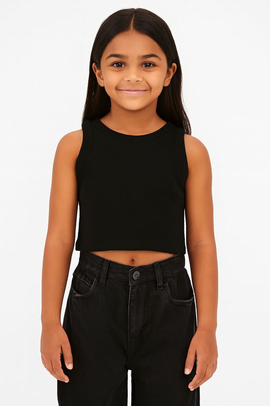 Girl's Solid Crew Neck Ribbed/Knitted Sleeveless Stretchable Slim Fit Crop Tank Top