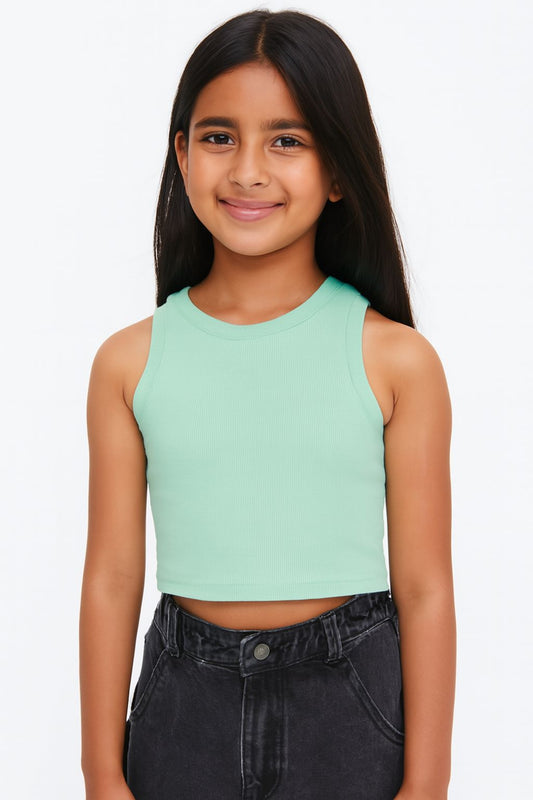 Girl's Solid Crew Neck Ribbed/Knitted Sleeveless Stretchable Slim Fit Crop Tank Top