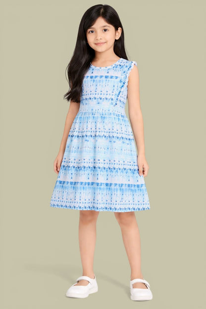 CHILINS Girls Blue Printed Sleeveless Frock Dress with Tie Dye Pattern for Kids