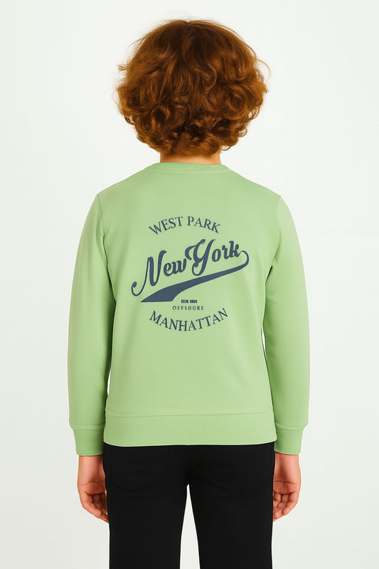 Boys Fleece Printed Round Neck Sweatshirt | Mehandi