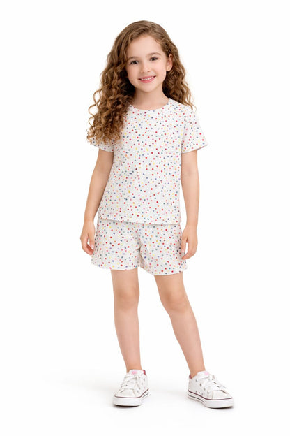 CHILINS Girls Cotton T-Shirt & Shorts Set – Heart Dot Print, Beige