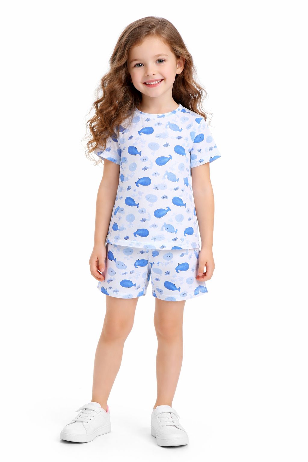 CHILINS Girls Cotton T-Shirt & Shorts Set – White with Blue Shark Print