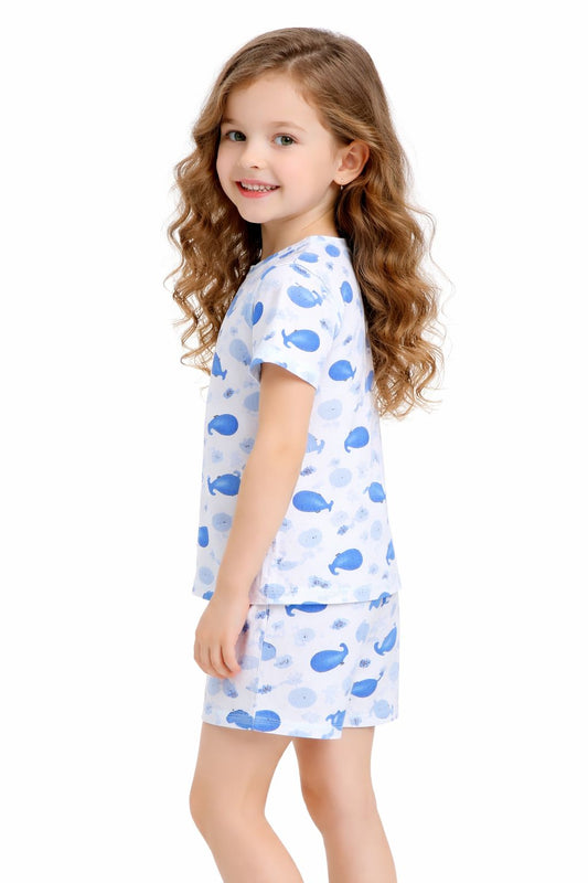 CHILINS Girls Cotton T-Shirt & Shorts Set – White with Blue Shark Print