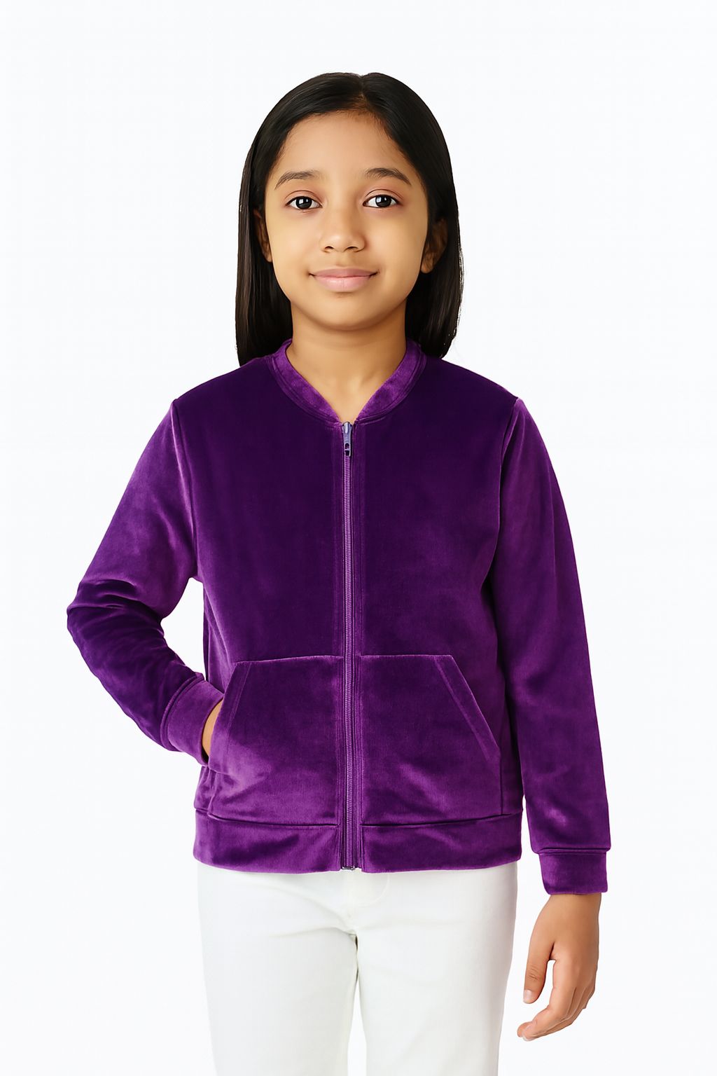 Girls Self Design Velvet Party Jacket with Zipper – Violet (Without Hood)