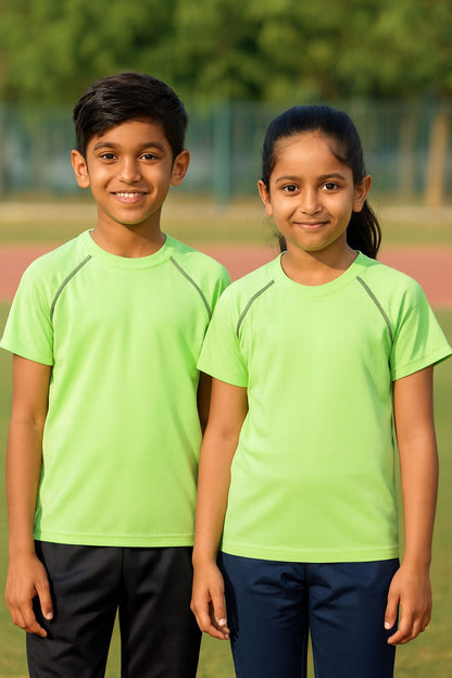 CHILINS Kids’ Neon Green Dry‑Fit Sports T‑Shirt – Activewear for Outdoor & School Sports