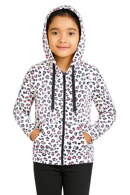 Girls Zipper Hooded Sweatshirt | Animal Print | Kangaroo Pockets | Regular Fit | White Black Pink