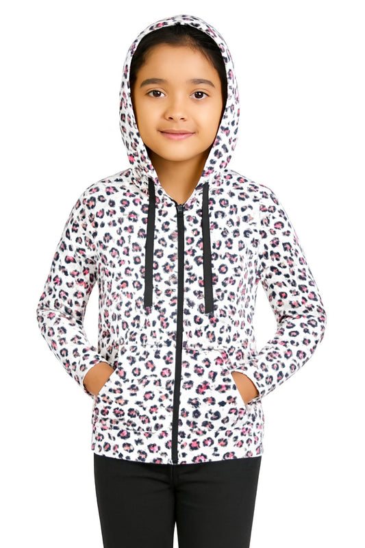 Girls Zipper Hooded Sweatshirt | Animal Print | Kangaroo Pockets | Regular Fit | White Black Pink