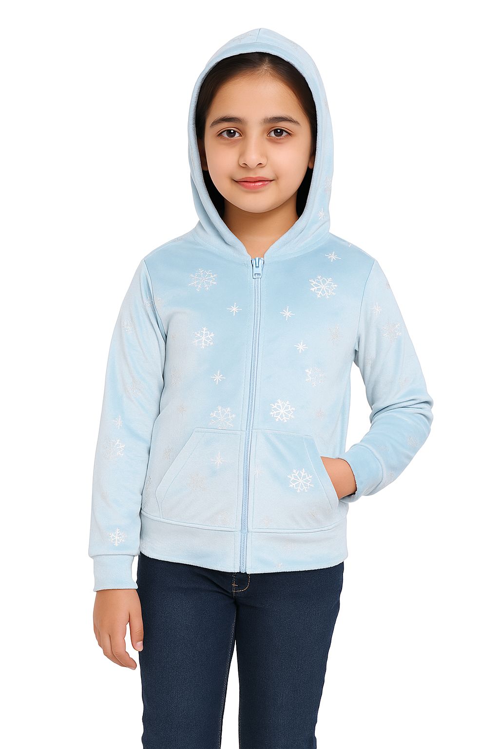 Girls Self Design Velvet Party Jacket with Zipper – Light Blue (Without Hood)