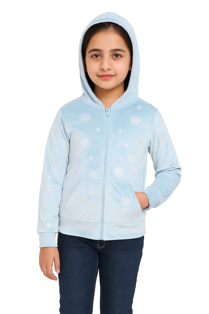 Girls Self Design Velvet Party Jacket with Zipper – Light Blue (Without Hood)