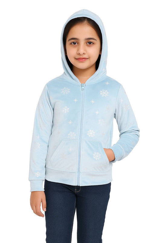 Girls Self Design Velvet Party Jacket with Zipper – Light Blue (Without Hood)