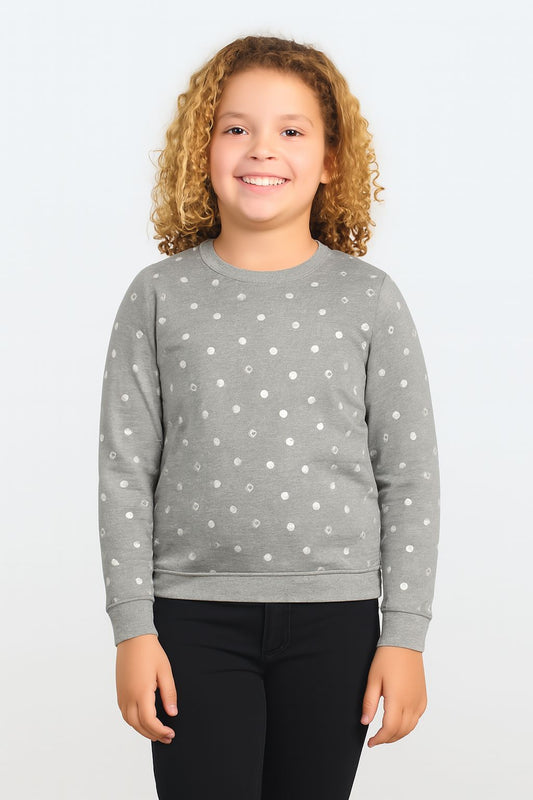 Girls Fleece Printed Round Neck Sweatshirt | Grey Dot Print