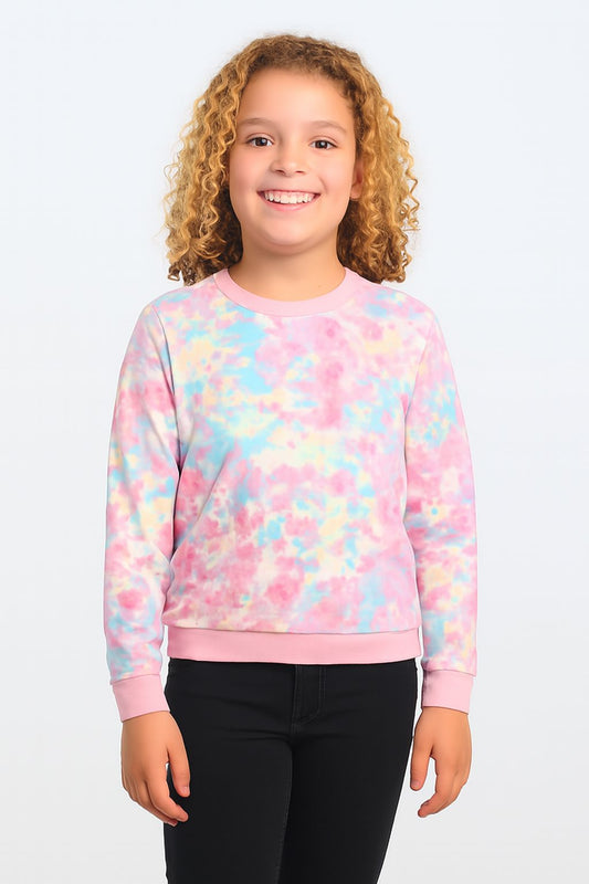 Girls Fleece Printed Round Neck Sweatshirt | Pink Tie Dye