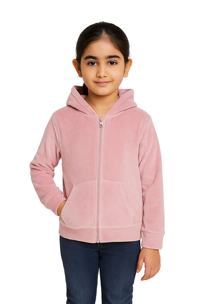 Girls Self Design Velvet Party Jacket with Zipper – Pink (Without Hood)