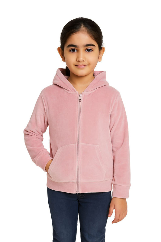 Girls Self Design Velvet Party Jacket with Zipper – Pink (Without Hood)