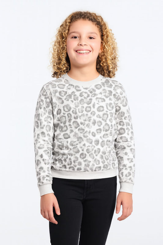 Girls Fleece Printed Round Neck Sweatshirt | Grey Animal Print