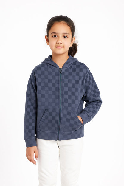 Girls Self Design Velvet Party Jacket with Zipper – Blue (Without Hood)
