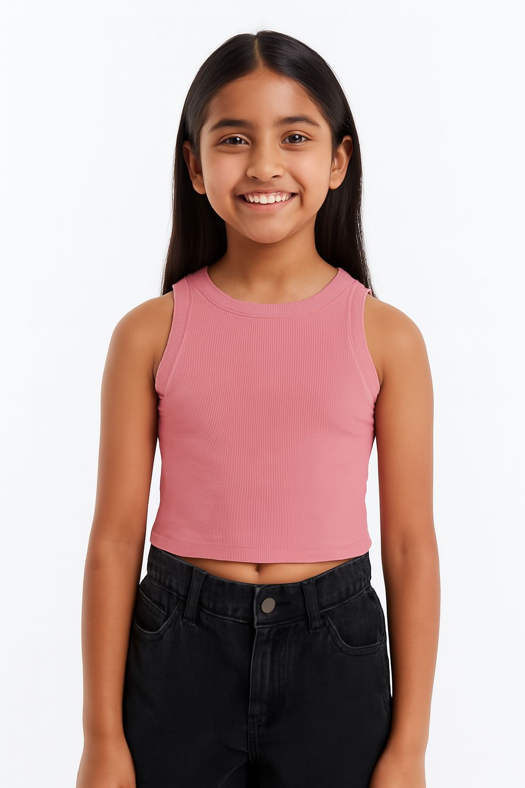 Girl's Solid Crew Neck Ribbed/Knitted Sleeveless Stretchable Slim Fit Crop Tank Top