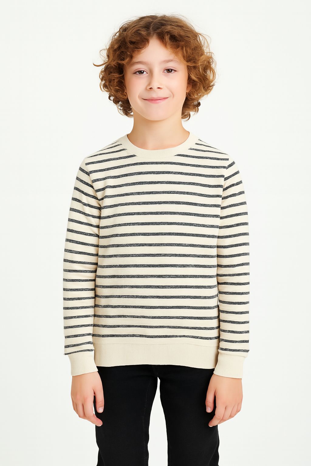 Boys Fleece Printed Round Neck Sweatshirt | White Black Striped