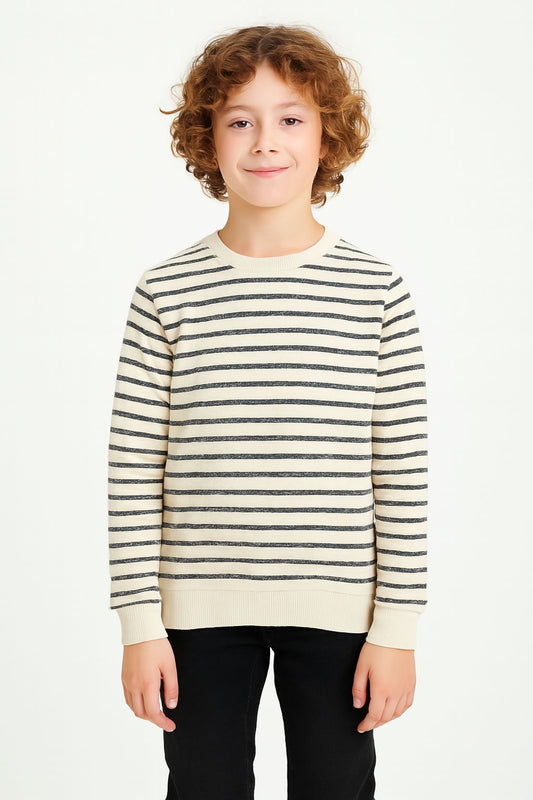 Boys Fleece Printed Round Neck Sweatshirt | White Black Striped
