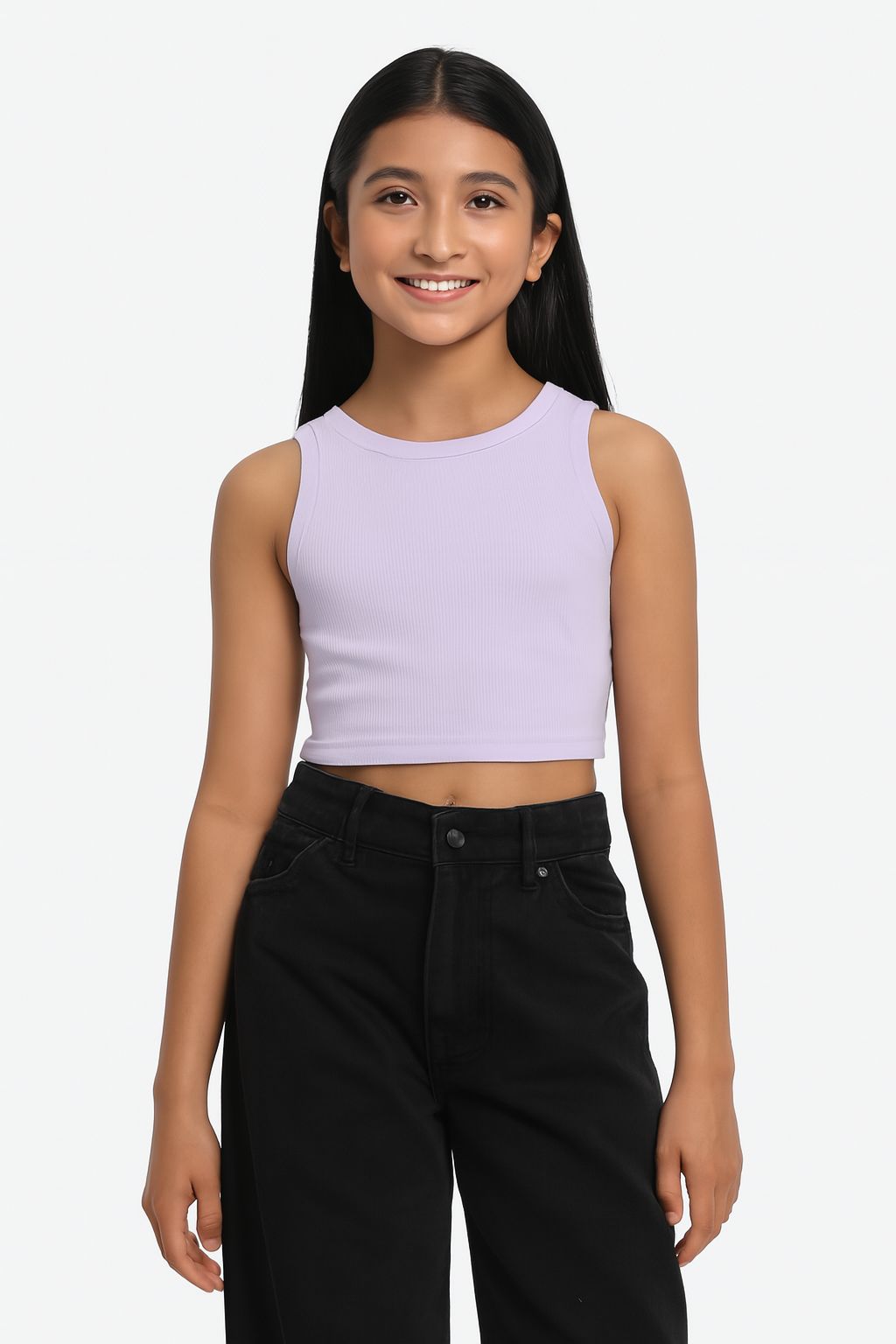 Girl's Solid Crew Neck Ribbed/Knitted Sleeveless Stretchable Slim Fit Crop Tank Top Lyril