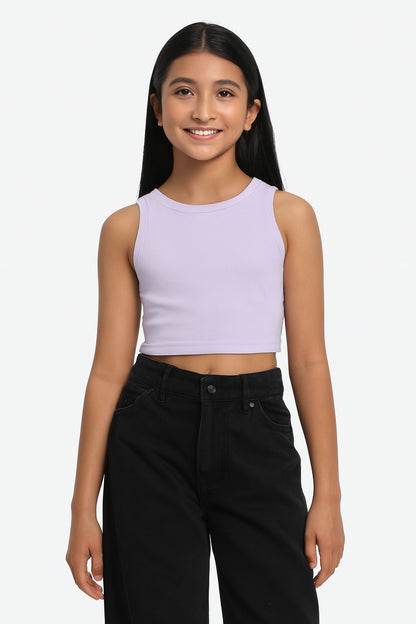 Girl's Solid Crew Neck Ribbed/Knitted Sleeveless Stretchable Slim Fit Crop Tank Top Lyril