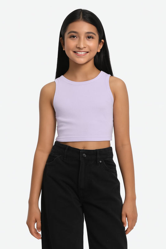 Girl's Solid Crew Neck Ribbed/Knitted Sleeveless Stretchable Slim Fit Crop Tank Top Lyril
