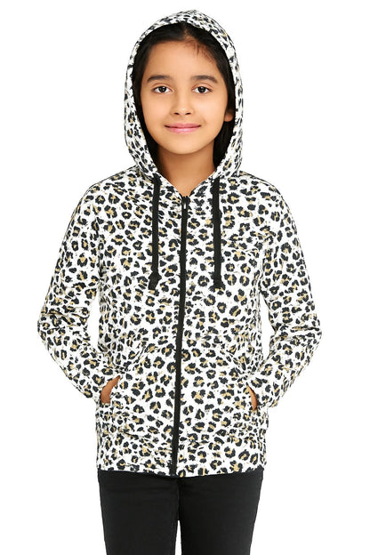 Girls Zipper Hooded Sweatshirt | Animal Print | Kangaroo Pockets | Regular Fit | White Black