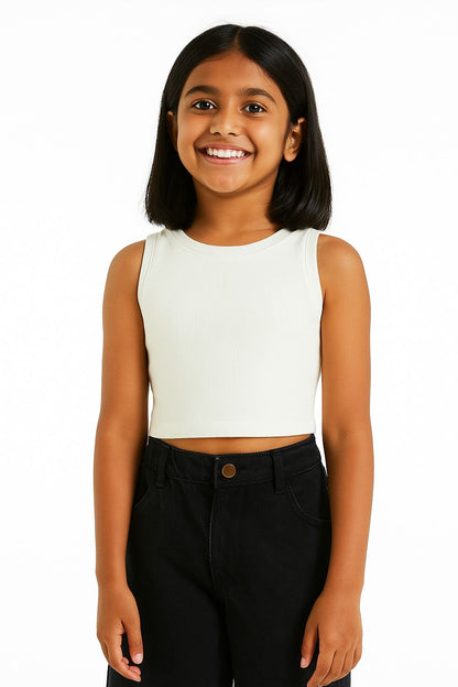 Girl's Solid Crew Neck Ribbed/Knitted Sleeveless Stretchable Slim Fit Crop Tank Top