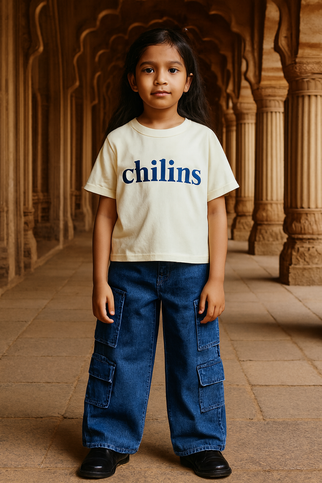 CHILINS Kids’ Blue Baggy Jeans with Logo T‑Shirt – Trendy Casual Wear for Girls