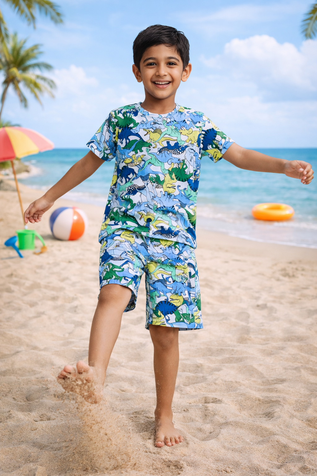 CHILINS Kids’ Dinosaur Print T‑Shirt & Shorts Set – Fun Beachwear