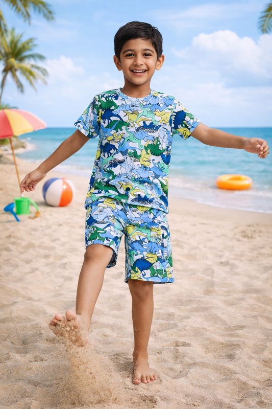 CHILINS Kids’ Dinosaur Print T‑Shirt & Shorts Set – Fun Beachwear