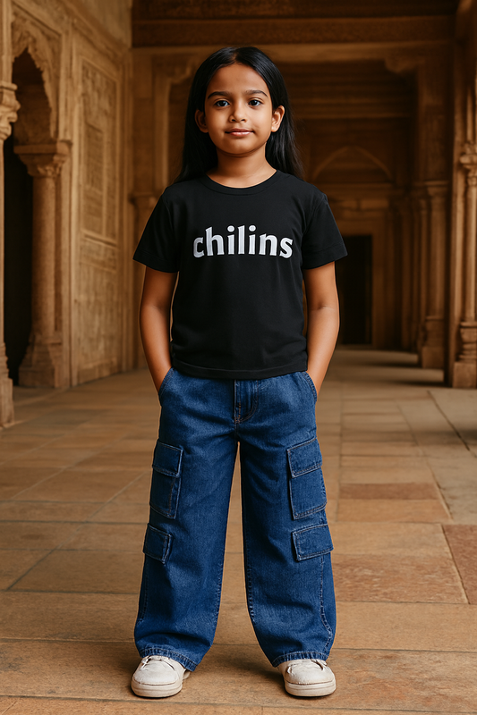 CHILINS Kids’ Blue Baggy Jeans with Logo T‑Shirt – Trendy Casual Wear for Girls